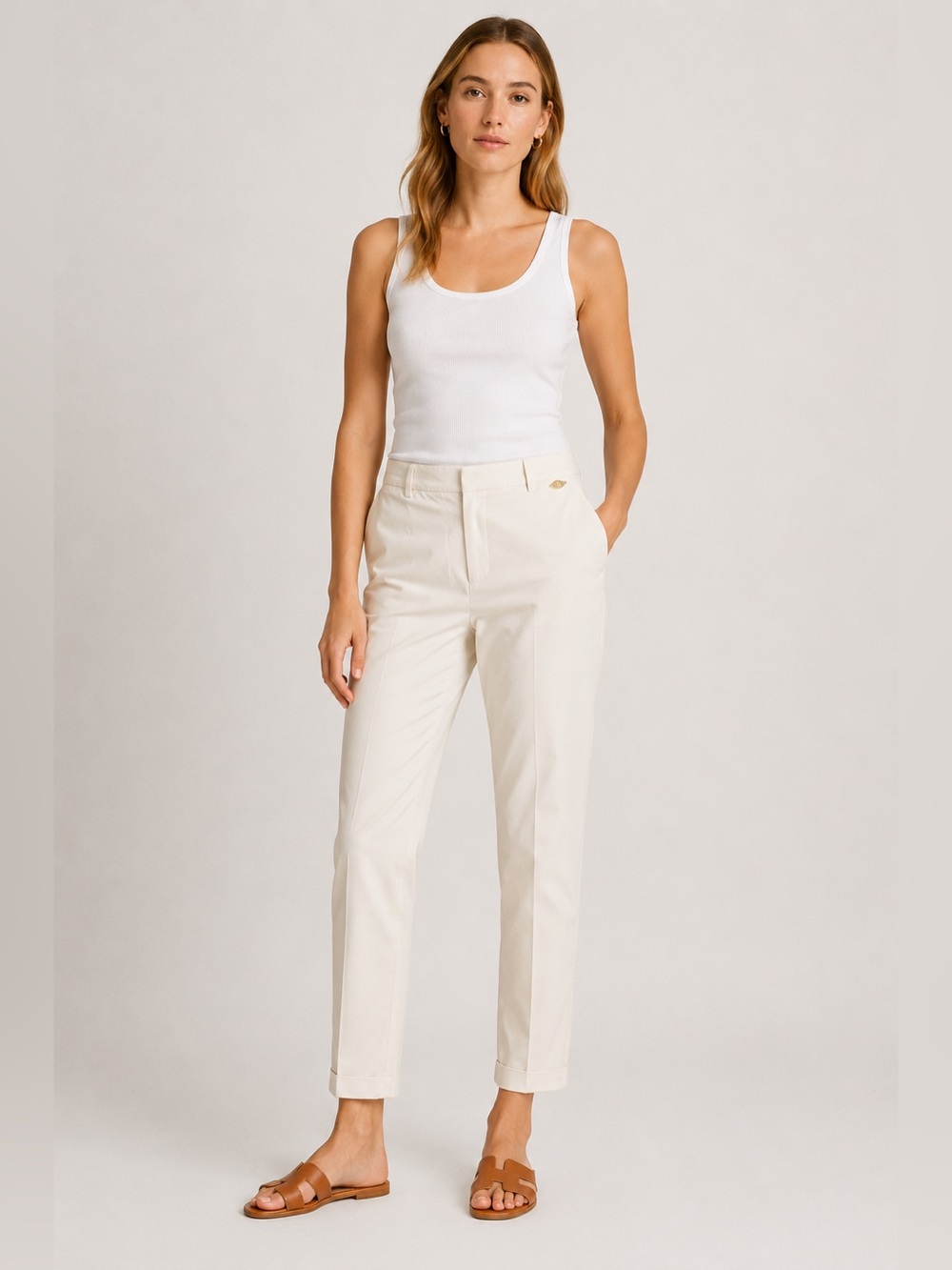 Massimo Dutti Cream Cotton Slim Trousers Size 2 Minimalist Chic Pants